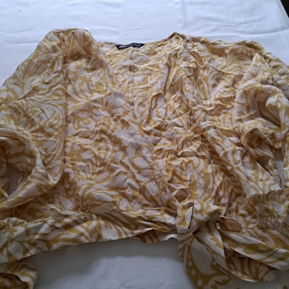 Zara Yellow Floral Damask Print Wrap Blouse Crop Top XL - Picture 1 of 9